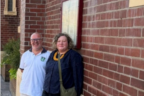Cllrs Kevin Mitchell and Tammy Palmer in front of the Methodist Church on Sidwell Street