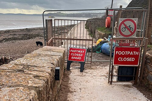 image of closed sea wall Dawlish