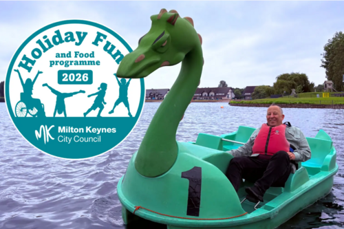 Councillor Peter Cannon takes to the water on Willen Lake – pedalos are one of many activities available to local children this summer