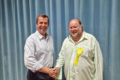 Calum Miller with Lib Dem Rob Packard at the count