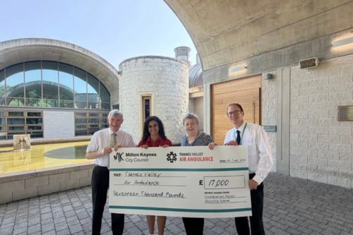 Pictured left to right: Cllr Sam Crooks, Cabinet Member for Regulatory Service, Nadia Cheddi, Corporate Partnerships and Engagement Officer, Thames Valley Air Ambulance, Angela Abbott, Bereavement Services Manager, Milton Keynes City Council (MKCC) and James Hazlewood, Bereavement Services Deputy Manager, MKCC.