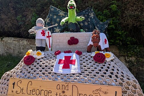 St George & Dragon spotted in crochet in Bolney above a post box made from bricks