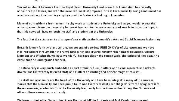 Letter from Exeter Lib Dem Councillors to the University of Exeter following their redundancy announcement