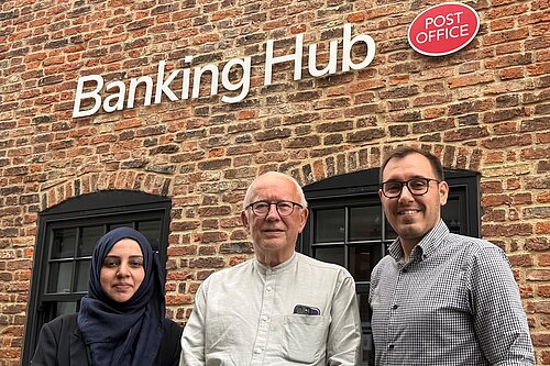 Tom Gordon MP with Andrew Hart and Asma Ola in front of the Knaresborough Banking Hub