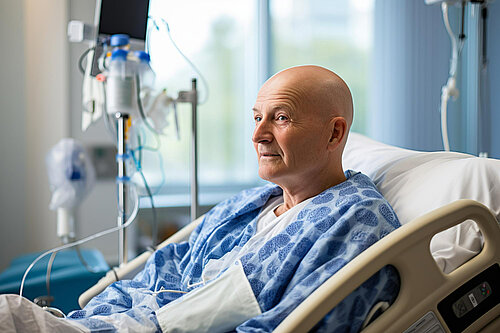 Man in a hospital bed in a hospital gown with drips and other medical equipment