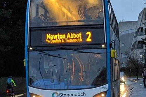 A picture of a stagecoach double-decker bus.