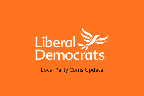 Liberal Democrats with the Liberty Bird flying above with text below saying local party coms update