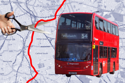 The 54 bus route being cut with scissors